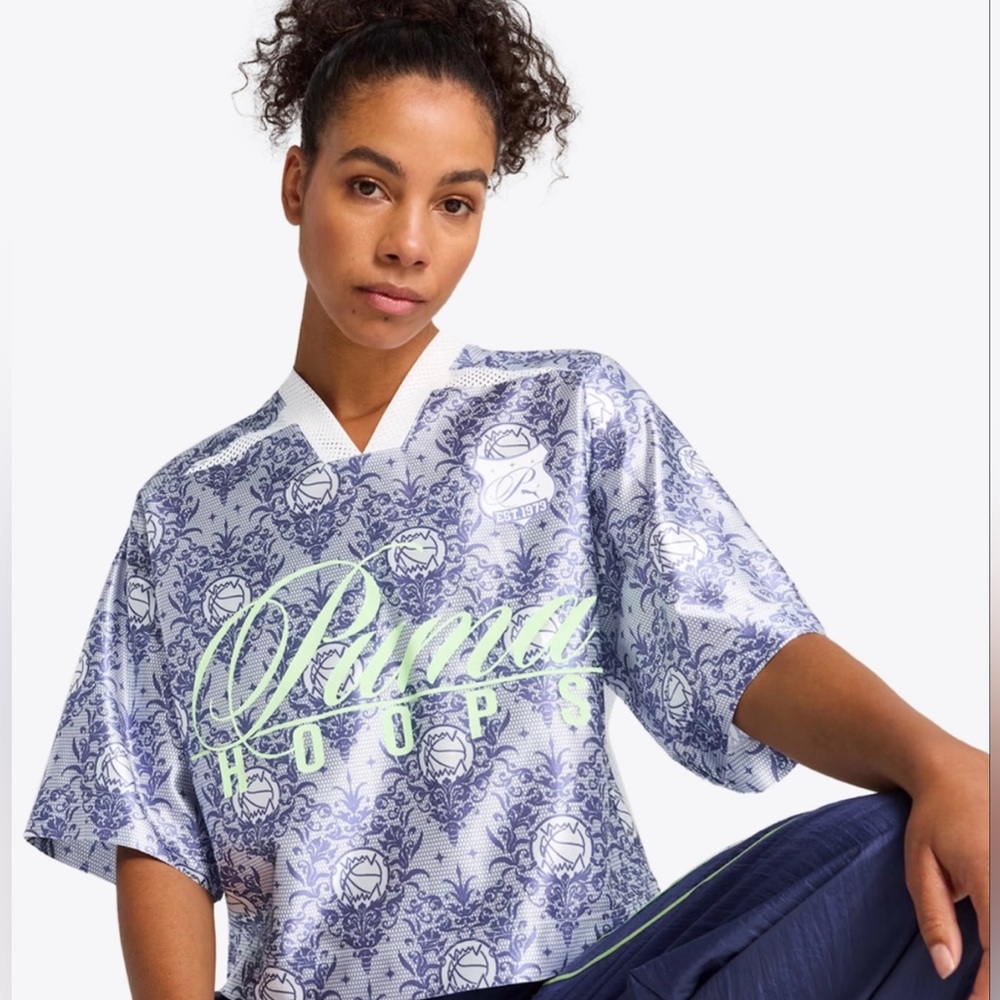 Puma Women's White and Blue Graphic Jersey
